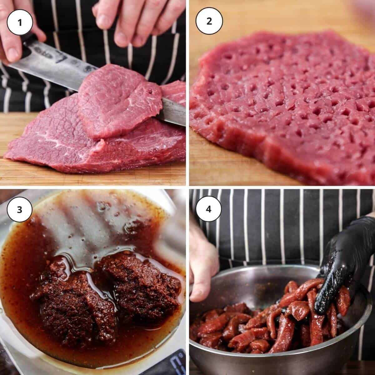 Picture steps for making thai pork and beef jerky.