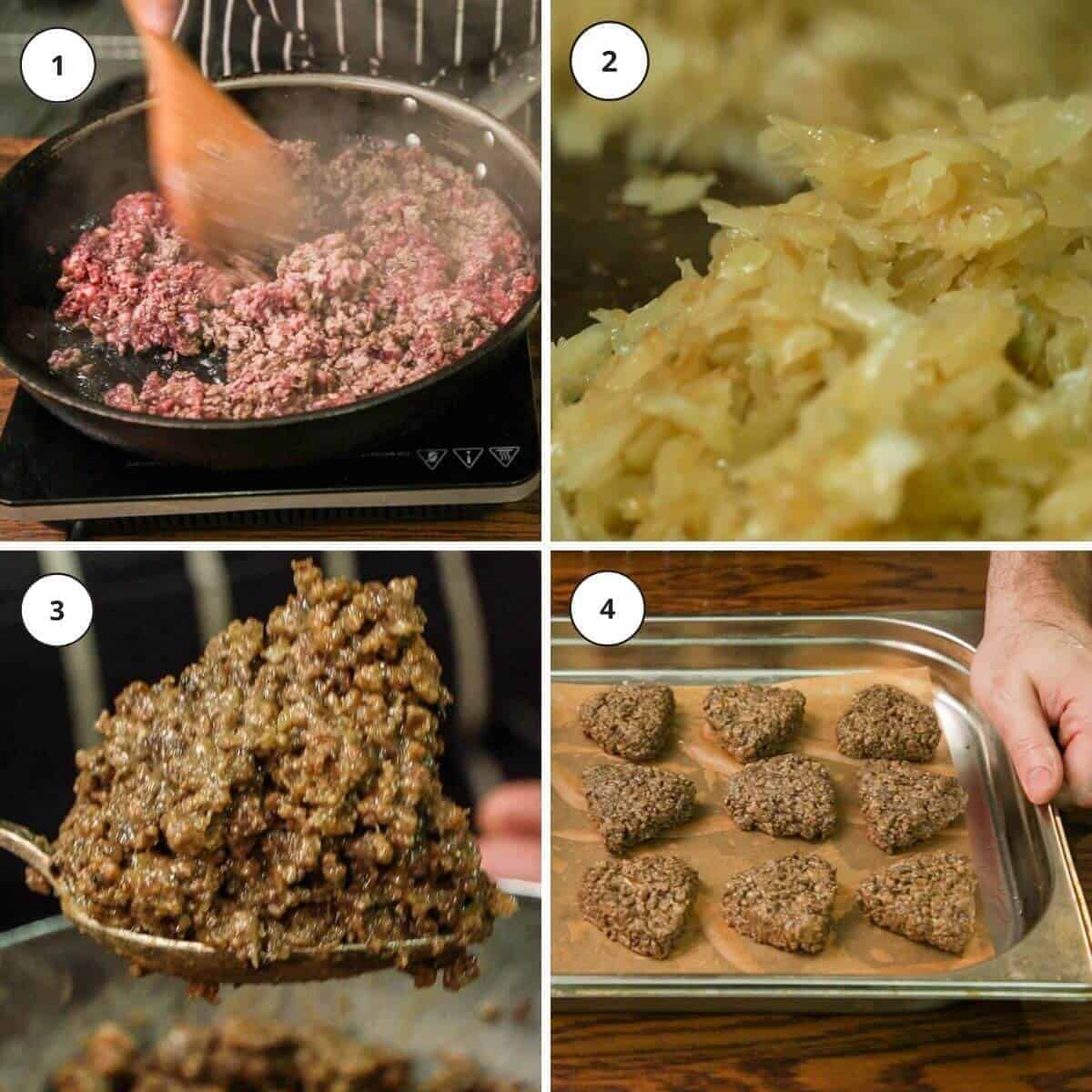 Picture steps to make meat piroshki filling.