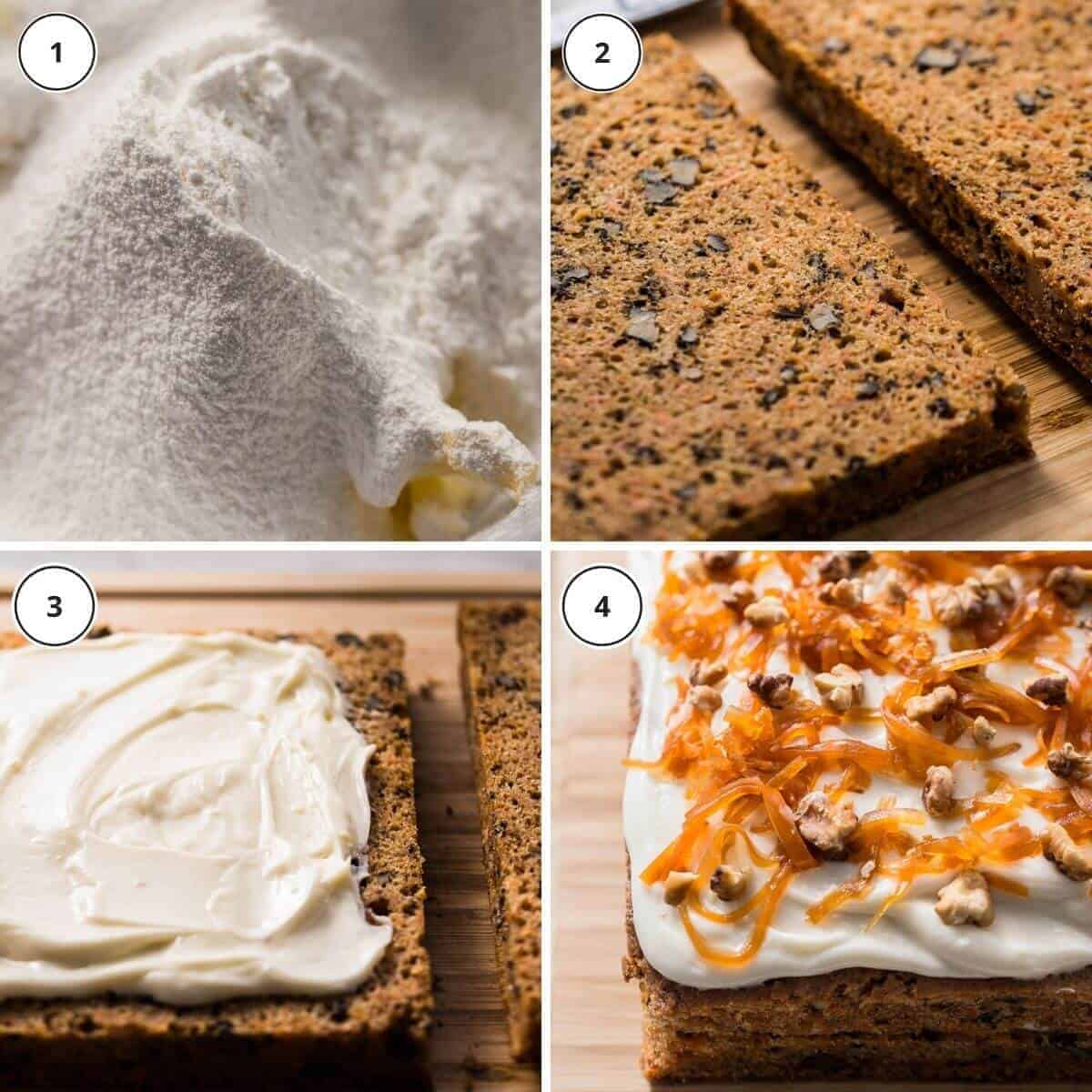 picture steps how to frost a carrot cake.