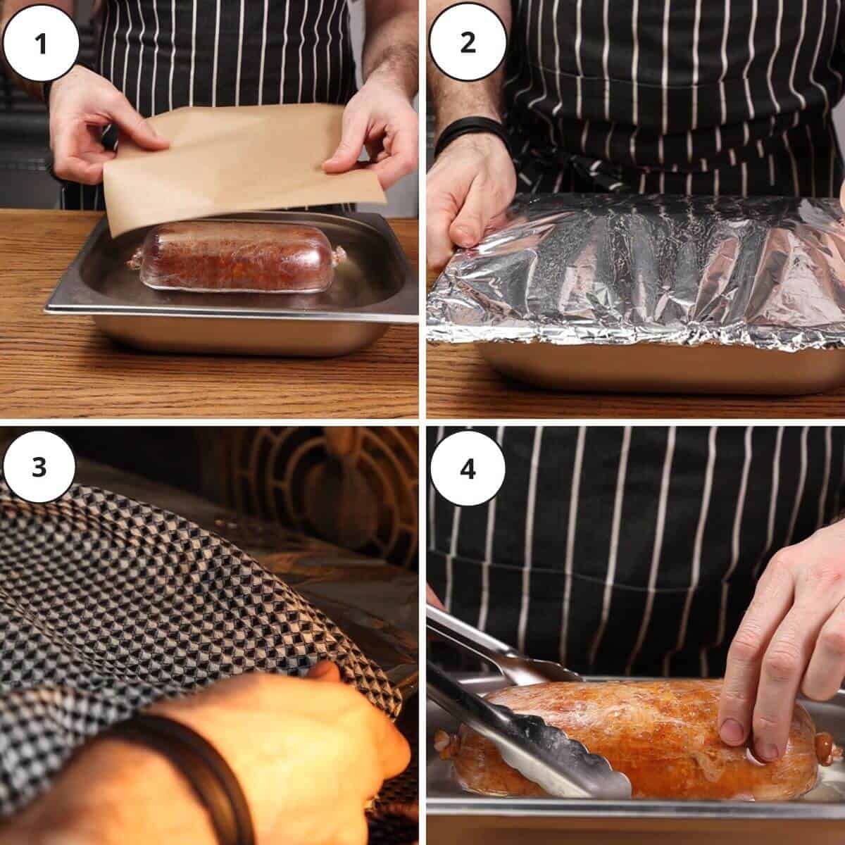 Picture steps for making turkey deli meat.