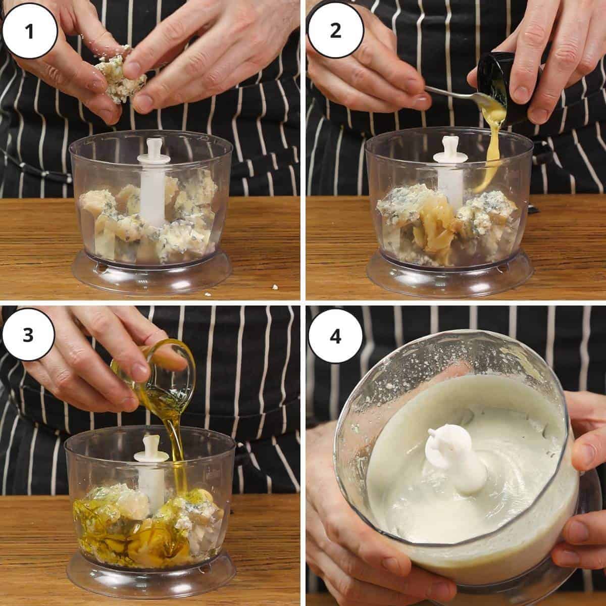 Picture steps for making blue cheese dressing.
