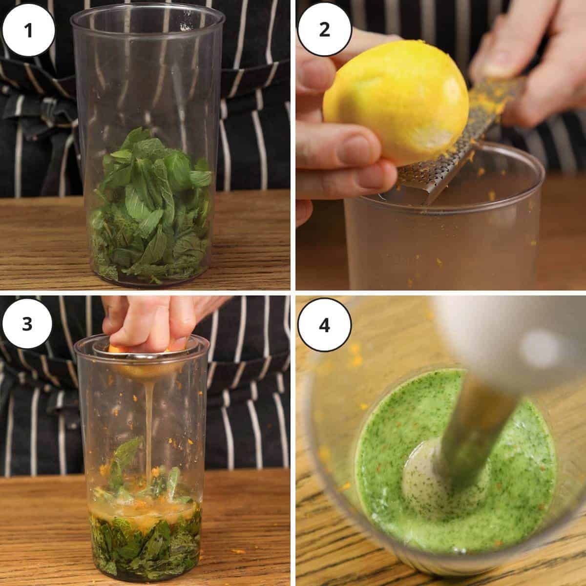Picture steps for making fresh mint dressing.