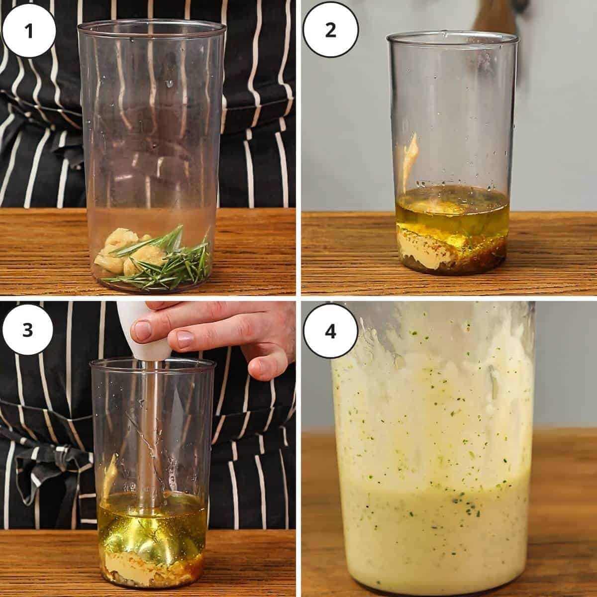 Picture steps for making rosemary vinaigrette.