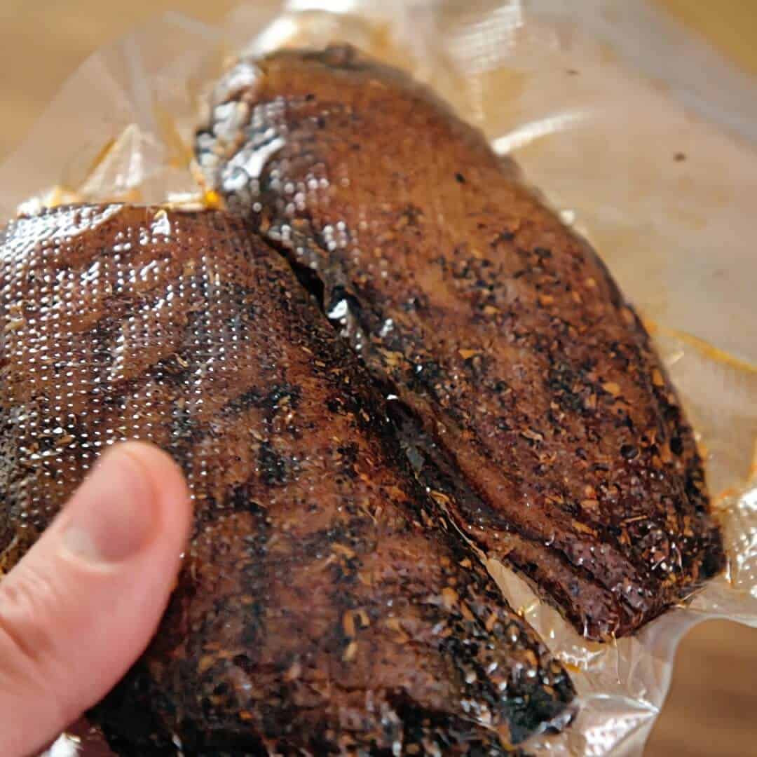 Duck biltong in a vacuum bag.