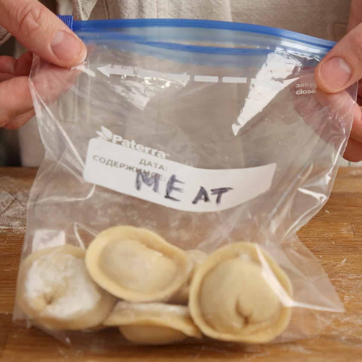 Frozen pelmeni in a zip lock bag.