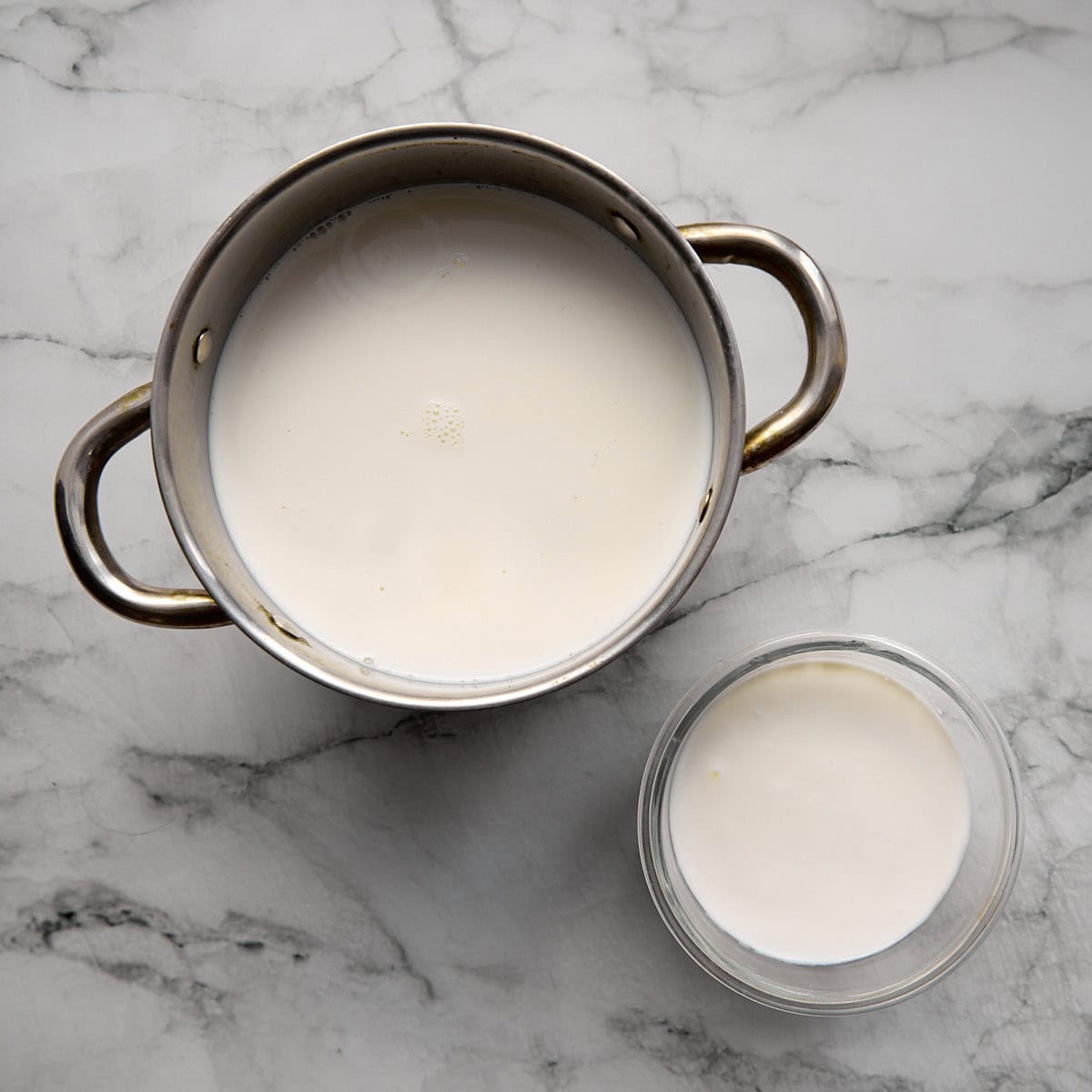 Milk and kefir for cheese making on a marble background.