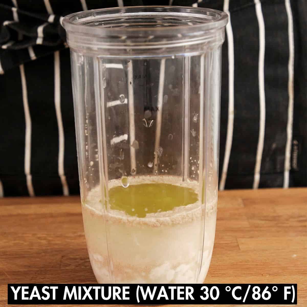 Yeasted mixture in a jug.